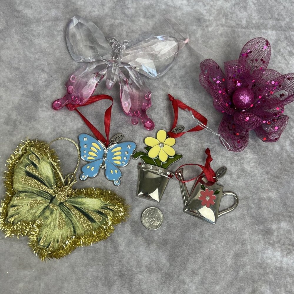 Lot 6 Christmas Ornaments Garden Gardening Enamel Butterfly VTG